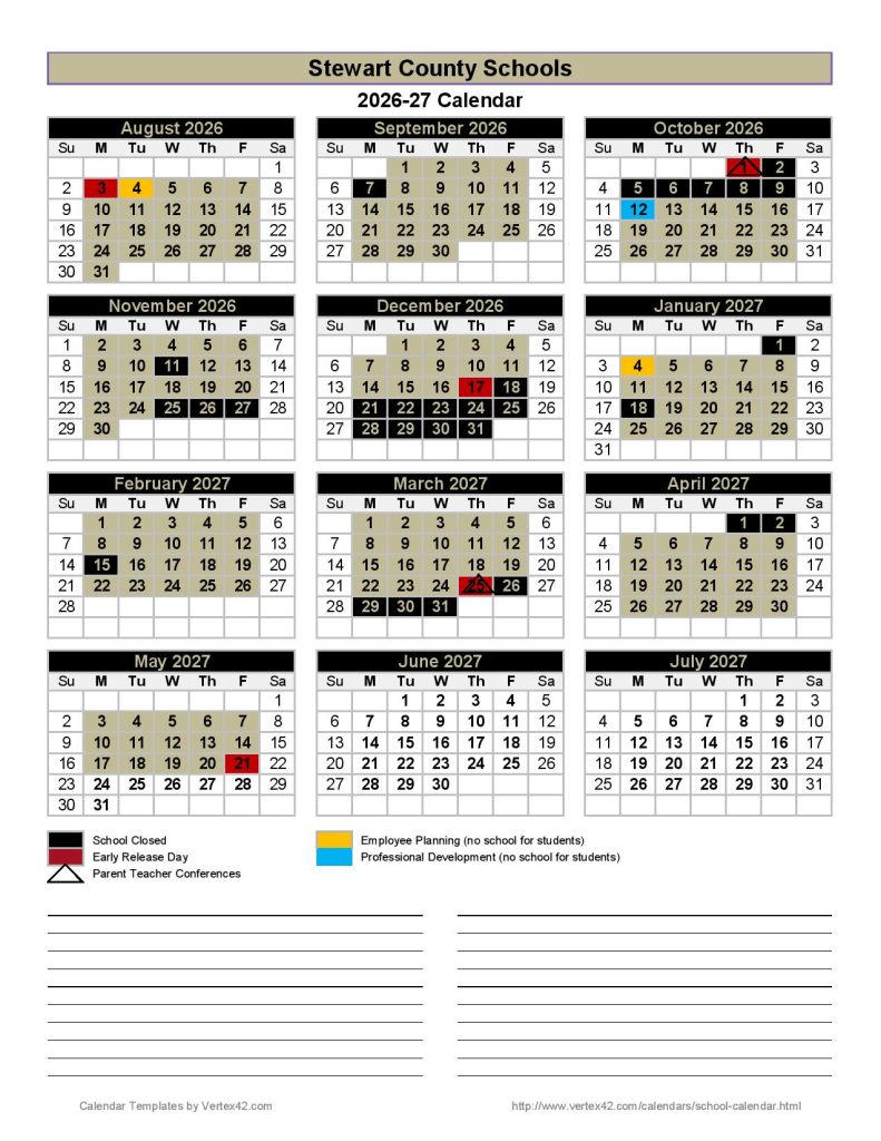 Stewart County Schools Calendar 2026-2027