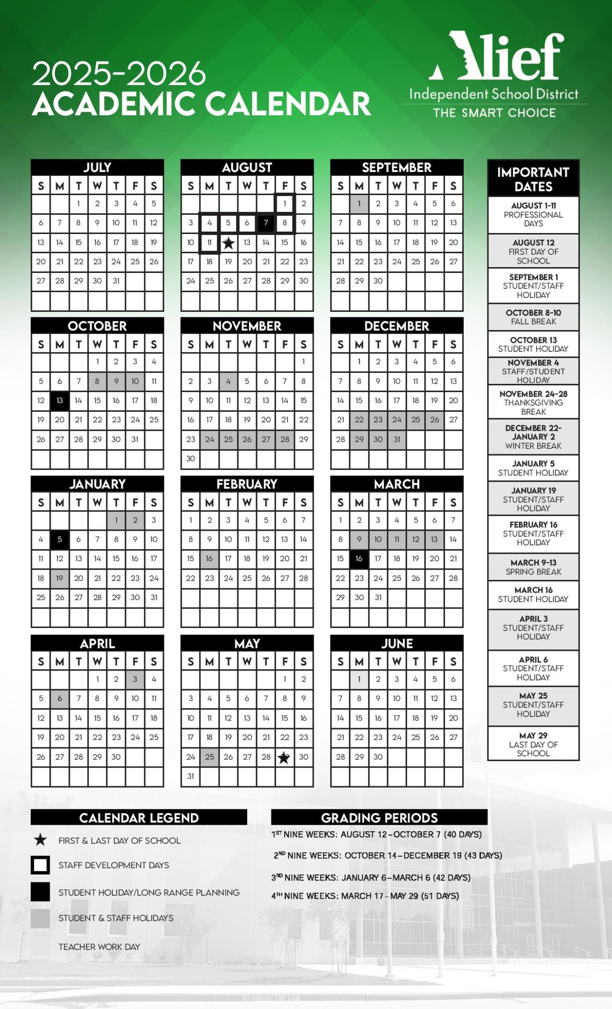 Alief Independent School District Calendar 2025 2026