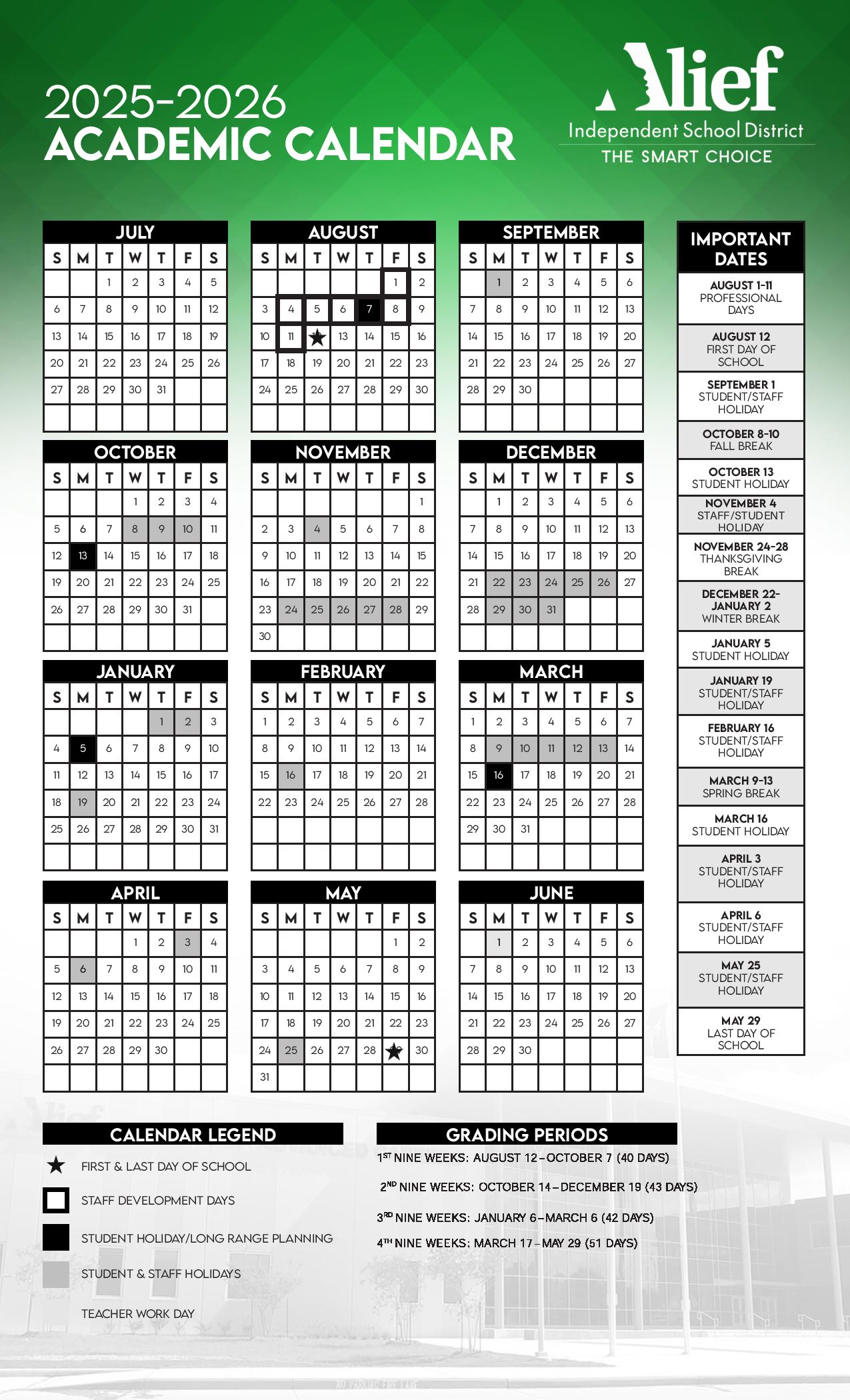 Alief Independent School District Calendar 2025 2026
