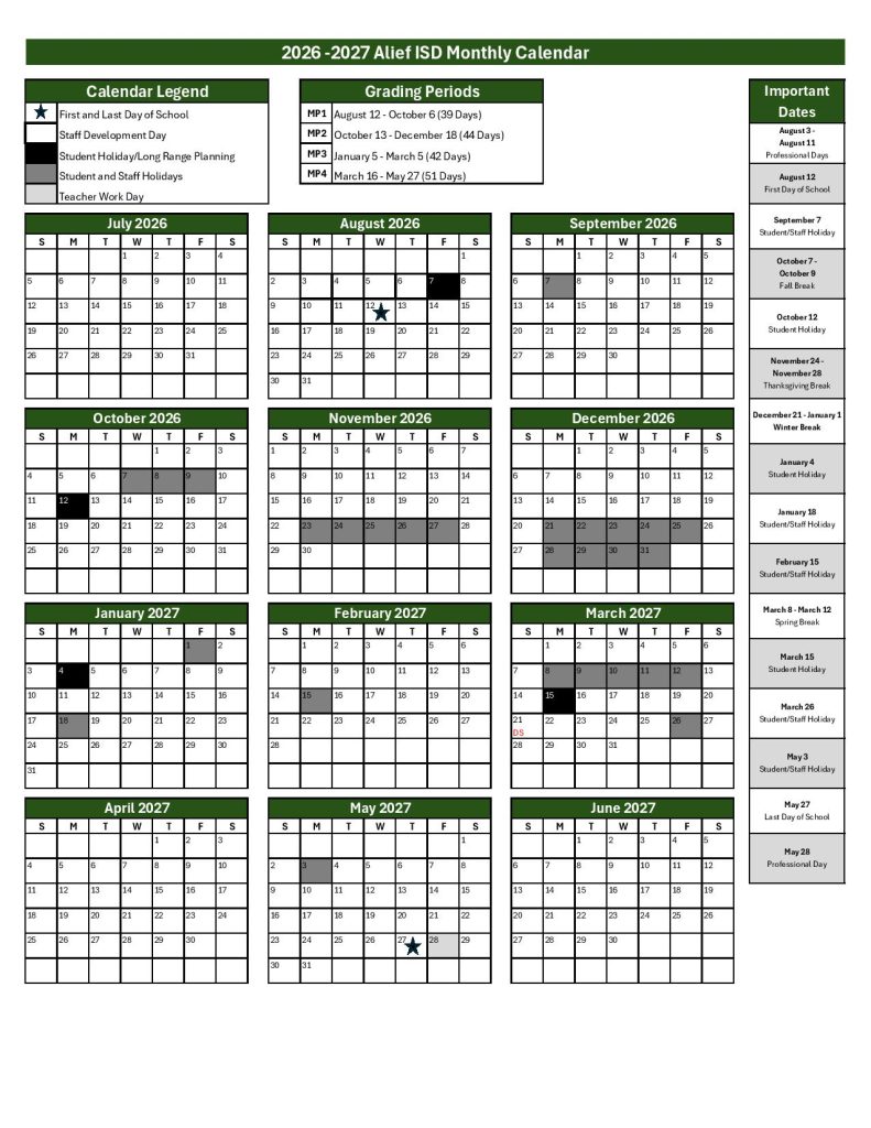 Alief Independent School District Calendar 2026-2027