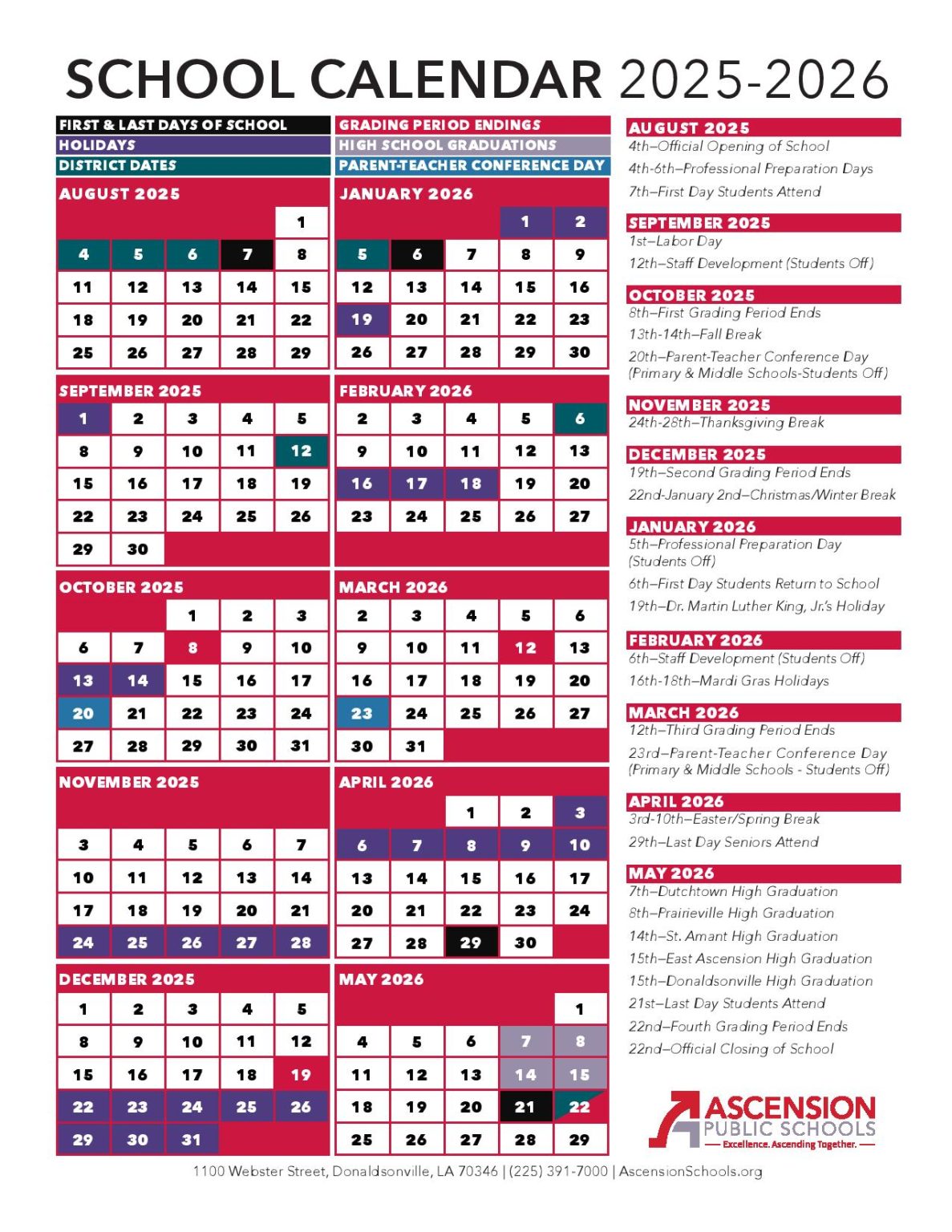 Ascension Public Schools Calendar 20252026 Louisiana
