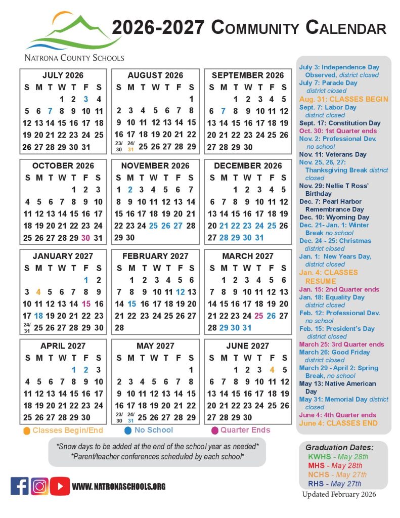 Natrona County School District Calendar 2026-2027