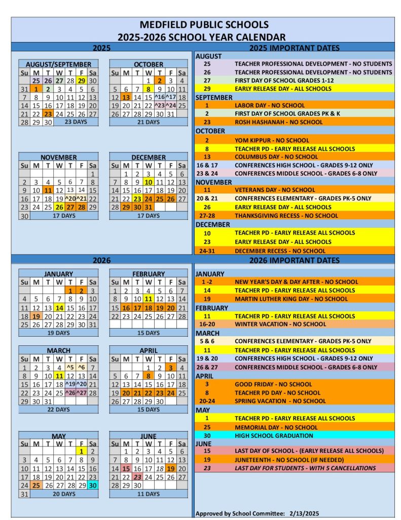 Medfield Public Schools Calendar 2025