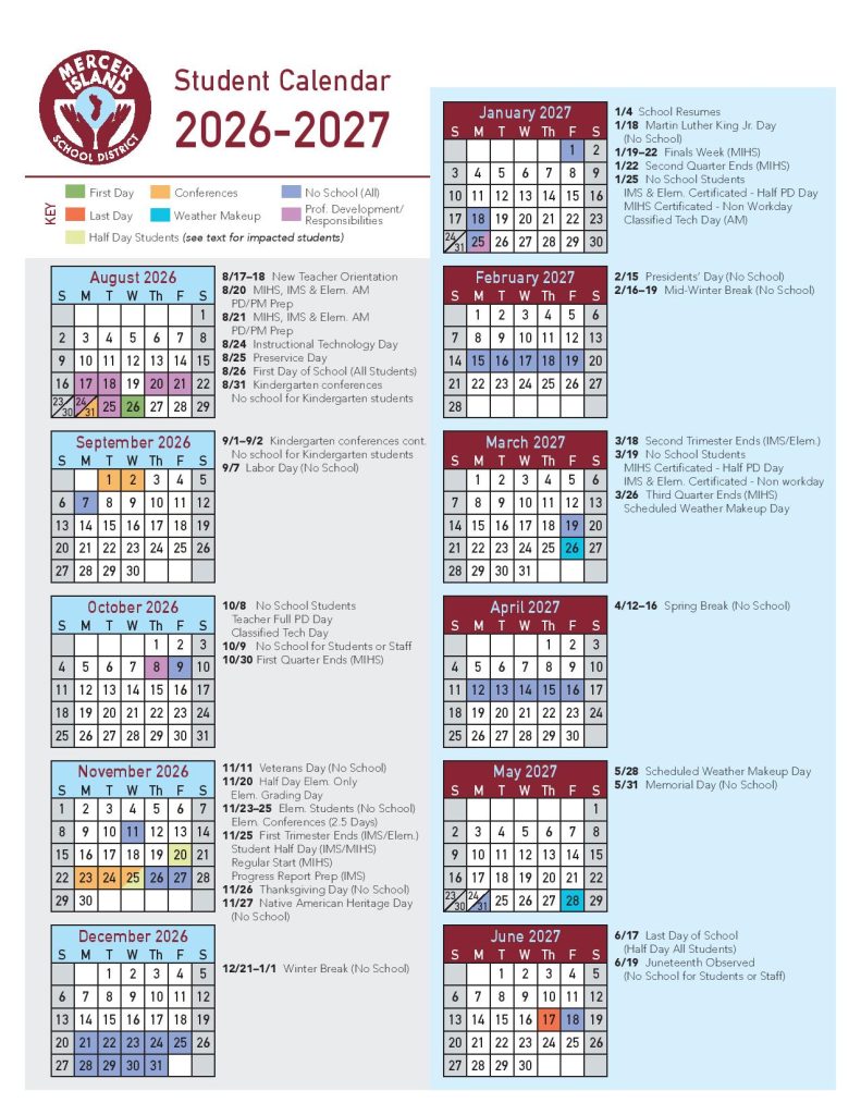 Mercer Island School District Calendar 2026-2027