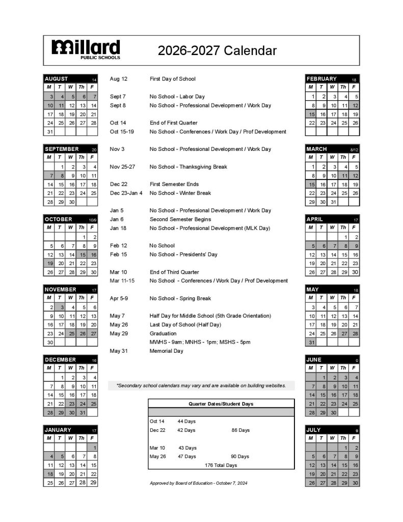 Millard Public Schools Calendar 2026-2027