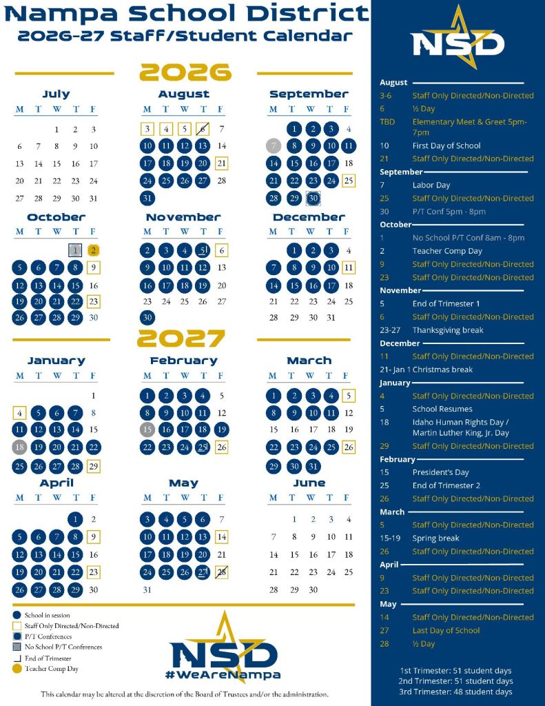 Nampa School District Calendar 2026-2027