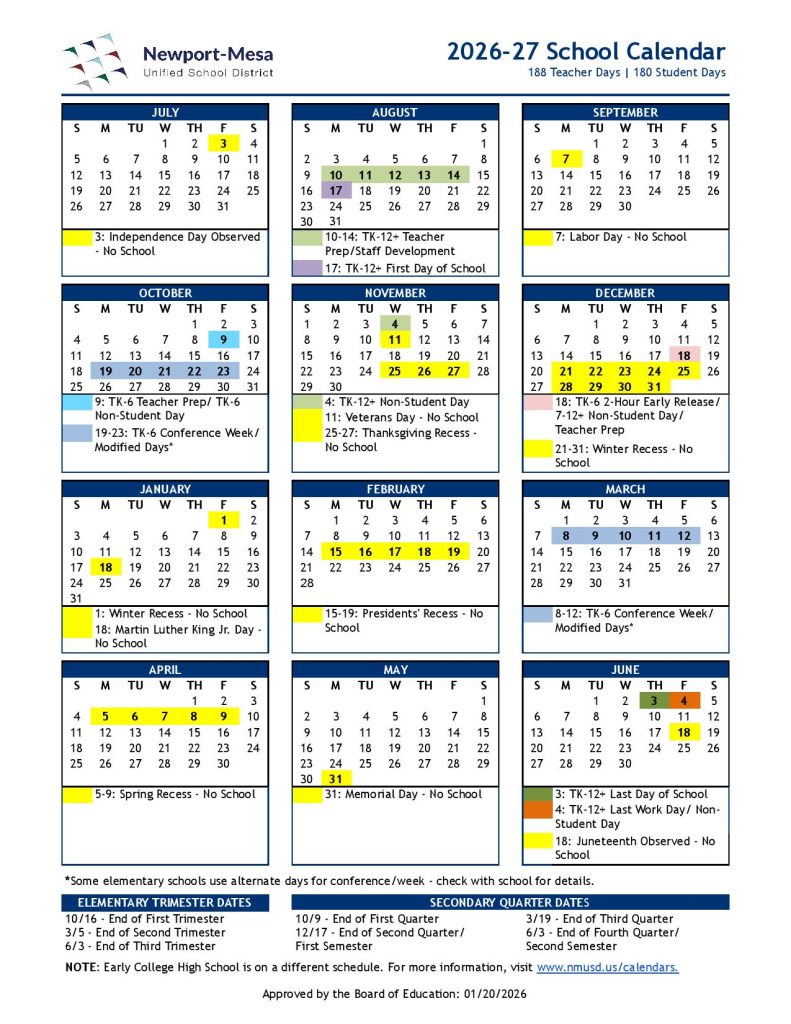 Newport Mesa School District Calendar 2026-2027