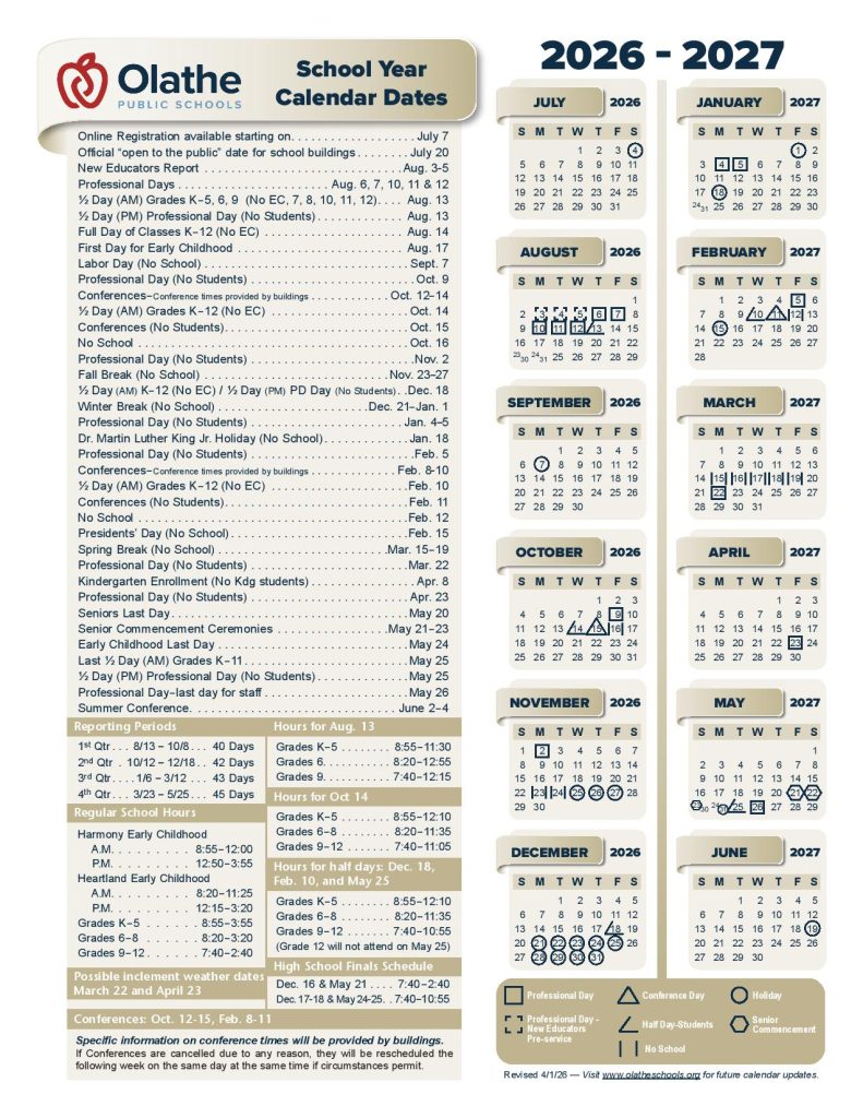 Olathe Unified School District Calendar 2026-2027