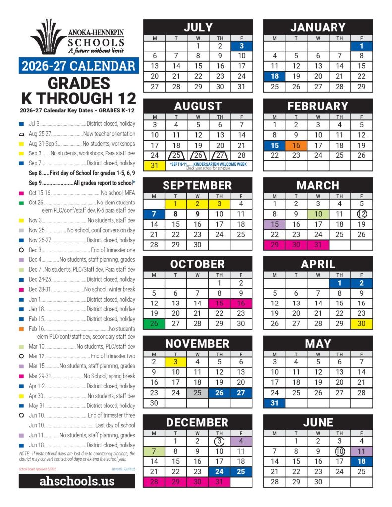 Anoka Hennepin School Calendar 2026-2027