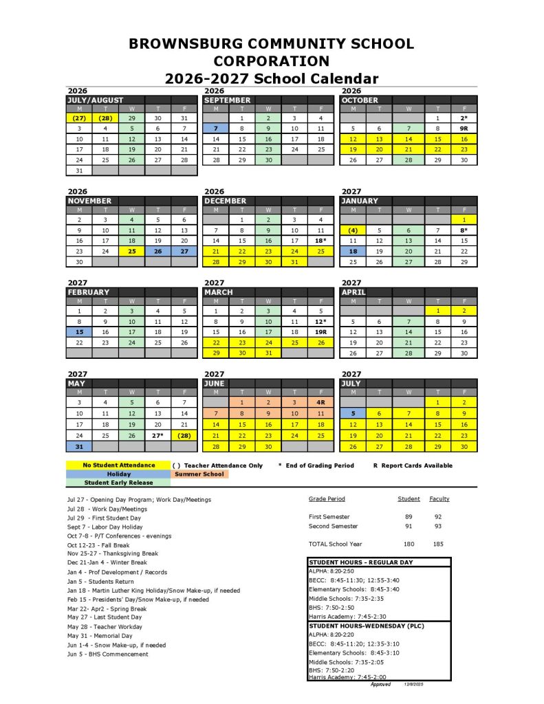 Brownsburg School Calendar 2026-2027