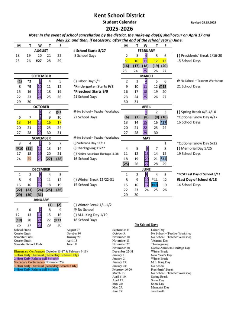 Kent School District Calendar 2025