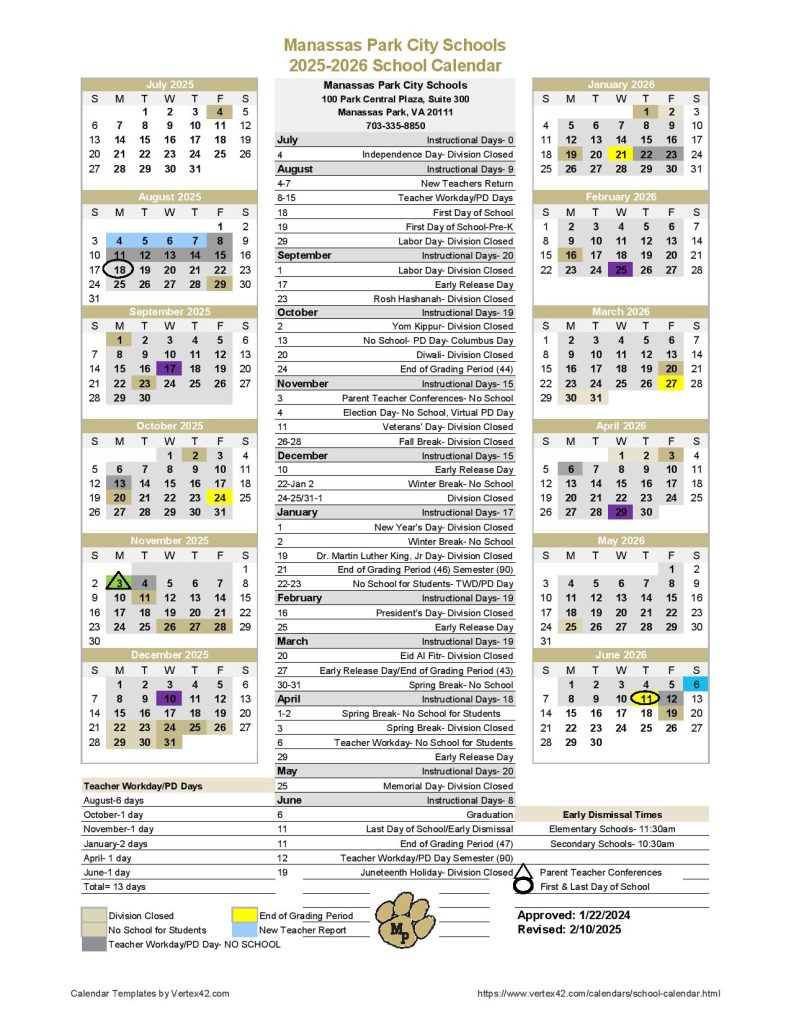 Manassas Park City Schools Calendar 2025