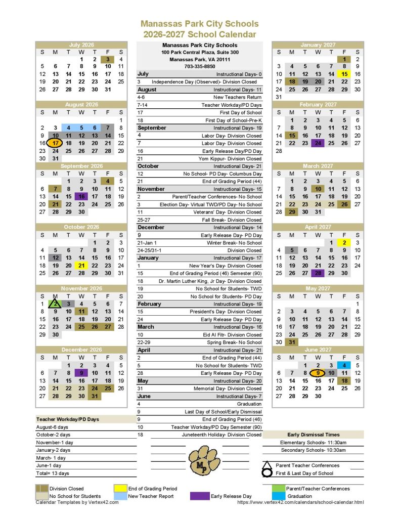 Manassas Park City Schools Calendar 2026-2027
