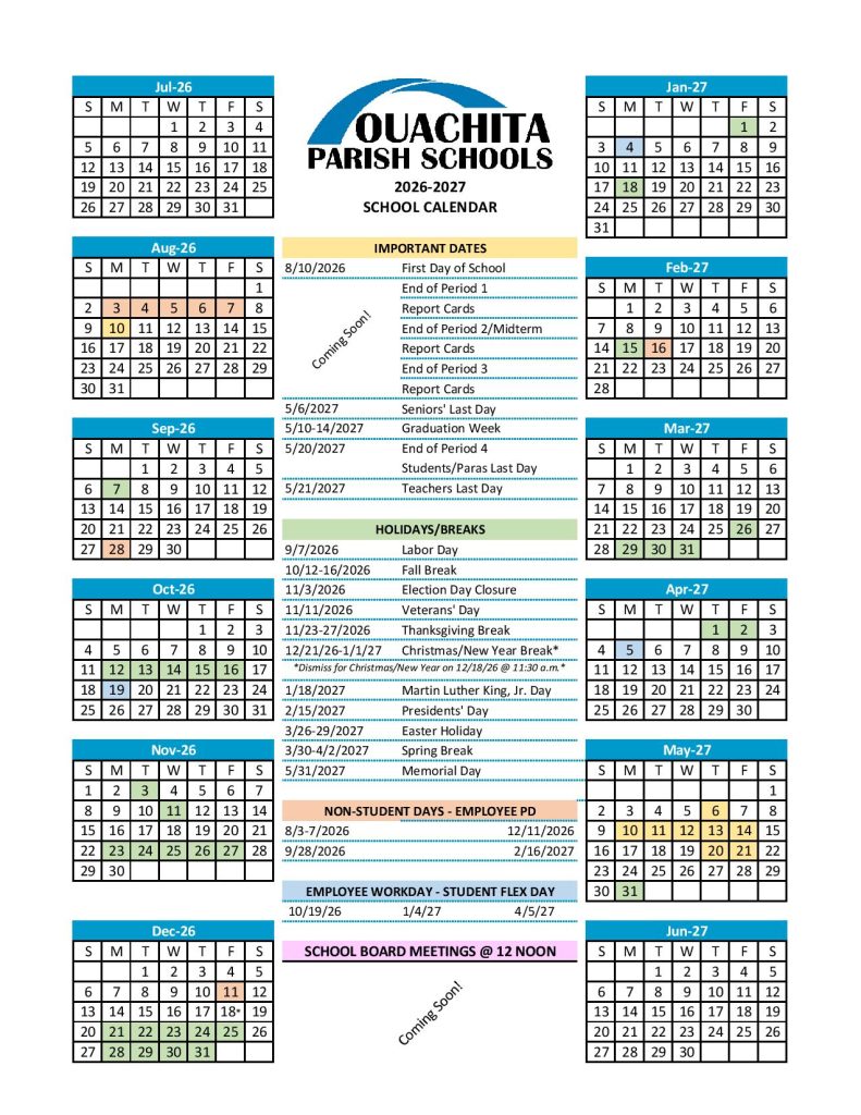 Ouachita Parish School Calendar 2026-2027