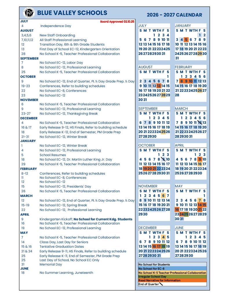 Blue Valley School District Calendar 2026-2027