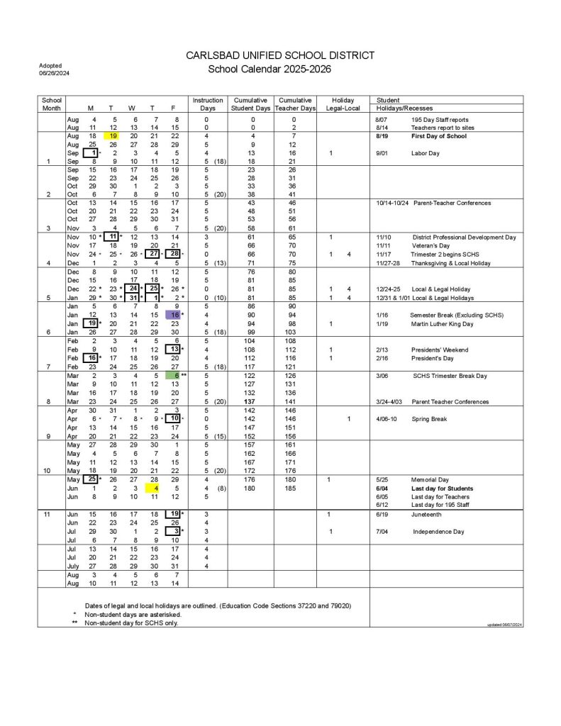 Carlsbad Unified School District Calendar 2025