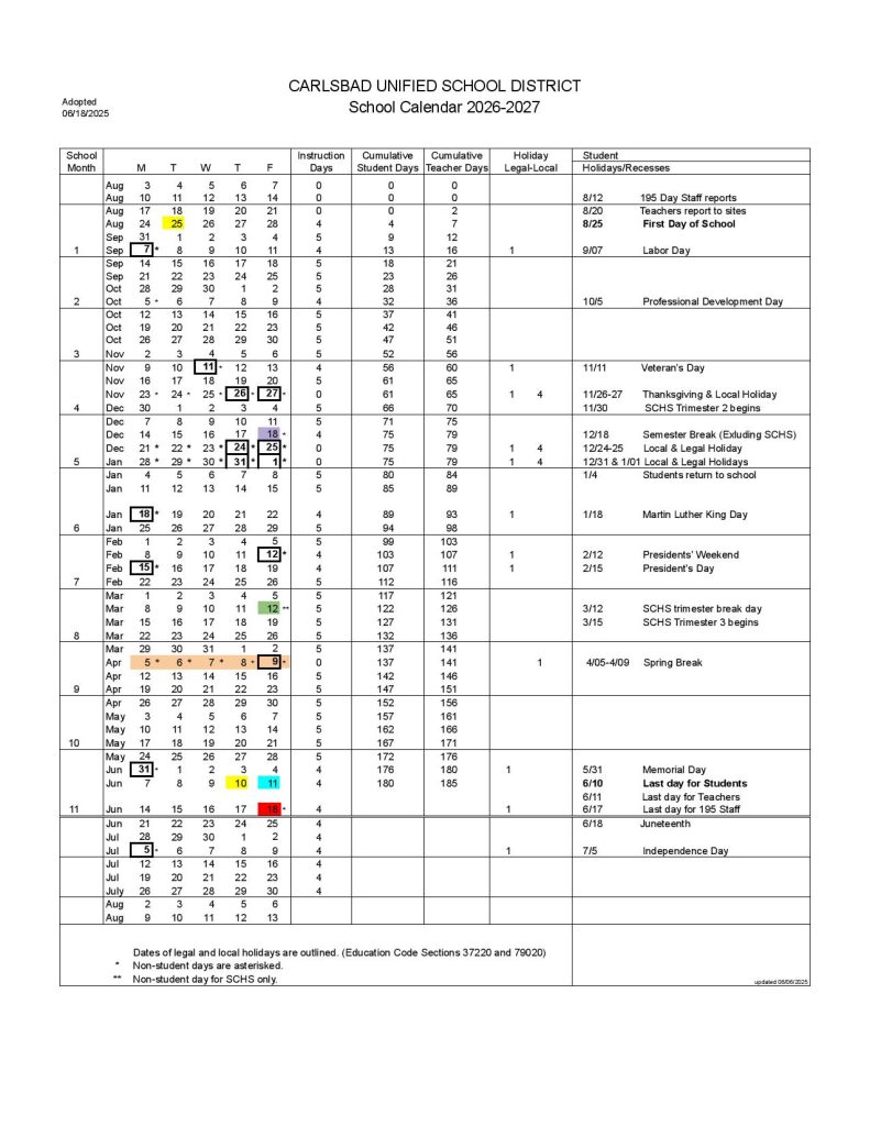 Carlsbad Unified School District Calendar 2026-2027