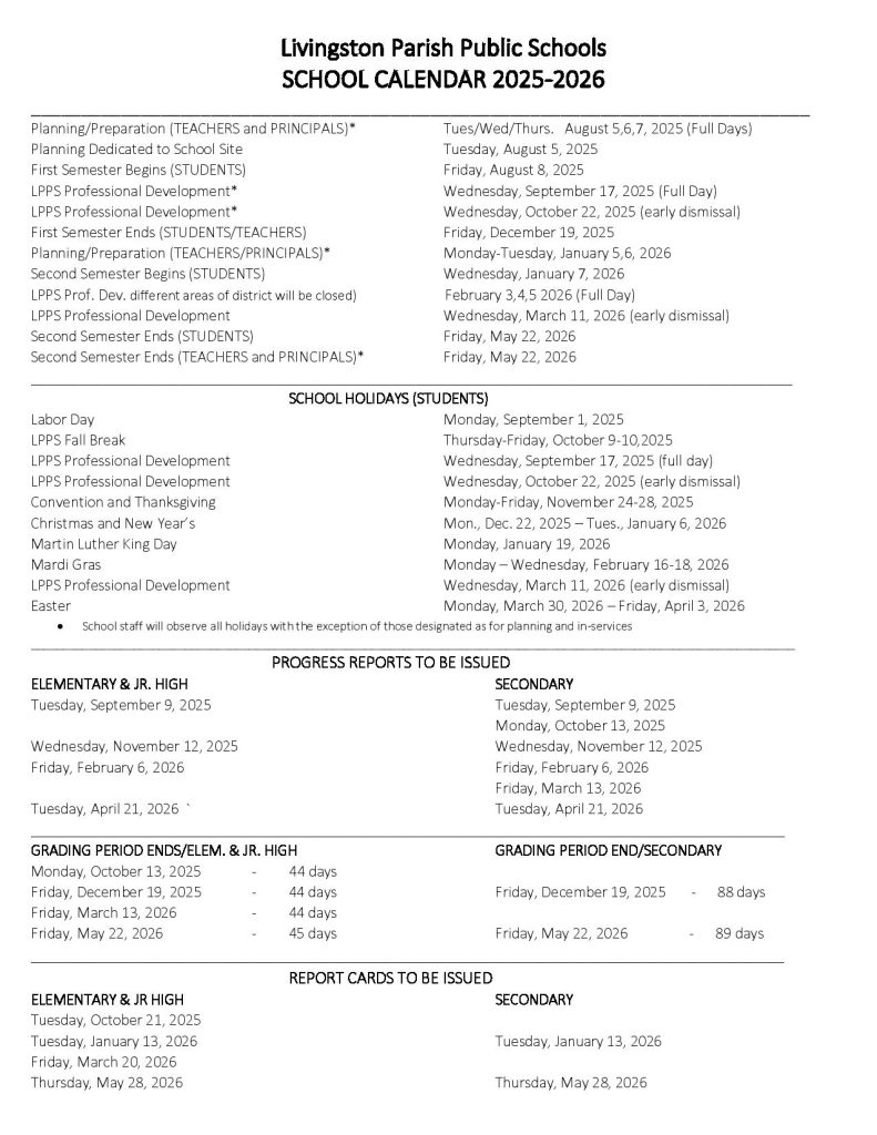 Livingston Parish Public Schools Calendar 2025