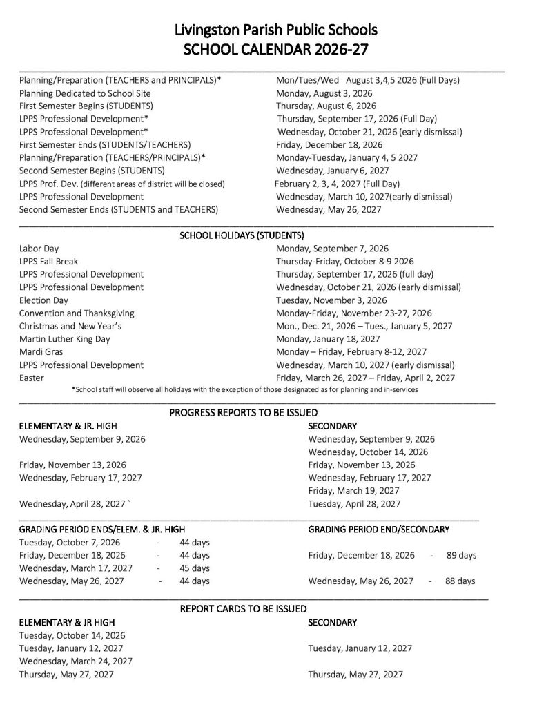 Livingston Parish Public Schools Calendar 2026-2027
