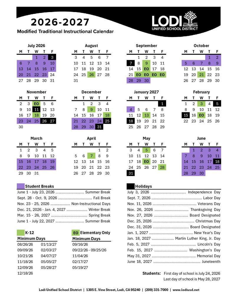 Lodi Unified School District Calendar 2026-2027