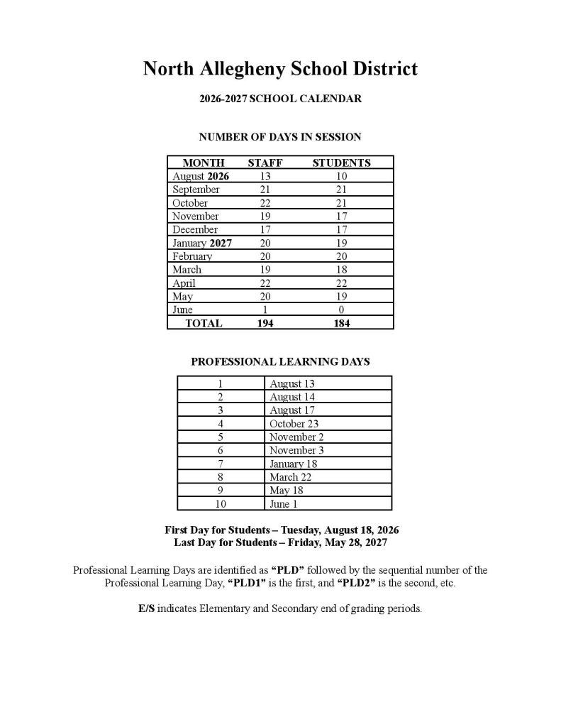 North Allegheny School District Calendar 2026-2027
