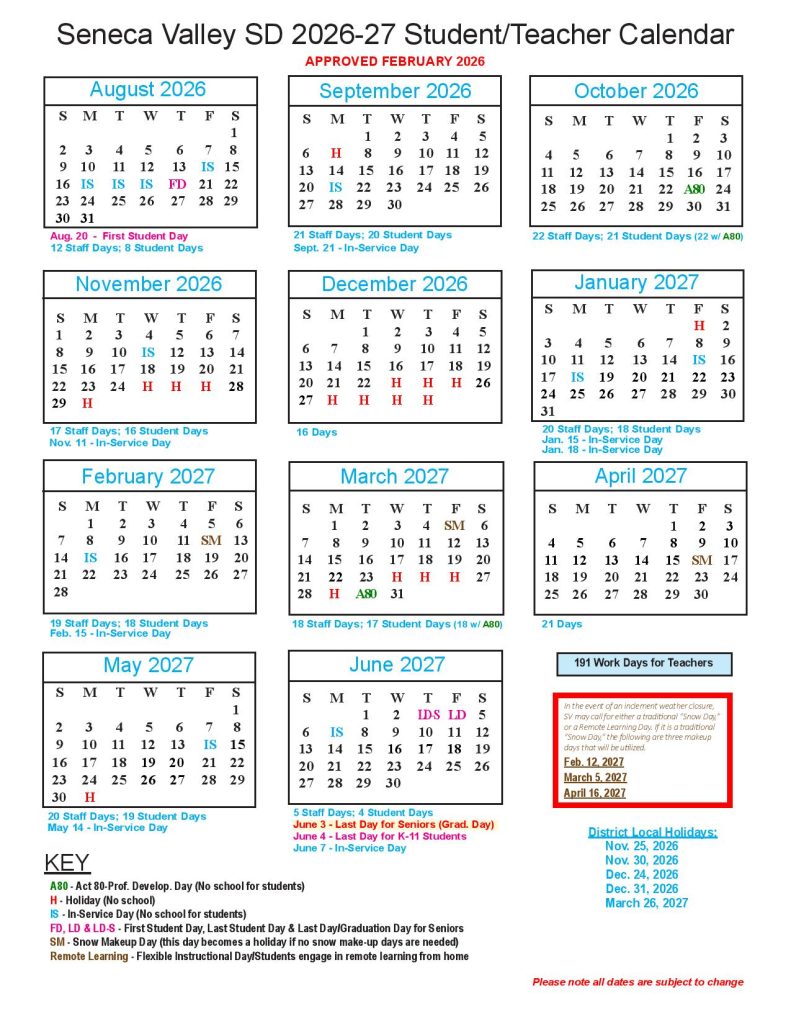 Seneca Valley School District Calendar 2026-2027