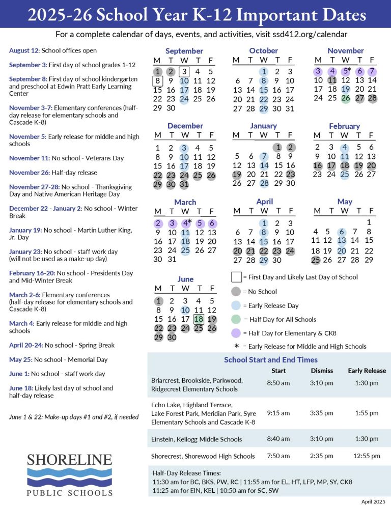 Shoreline School District Calendar 2025 2026 Holidays