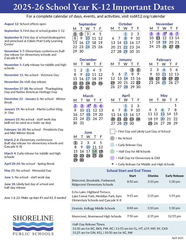 Shoreline School District Calendar 2025
