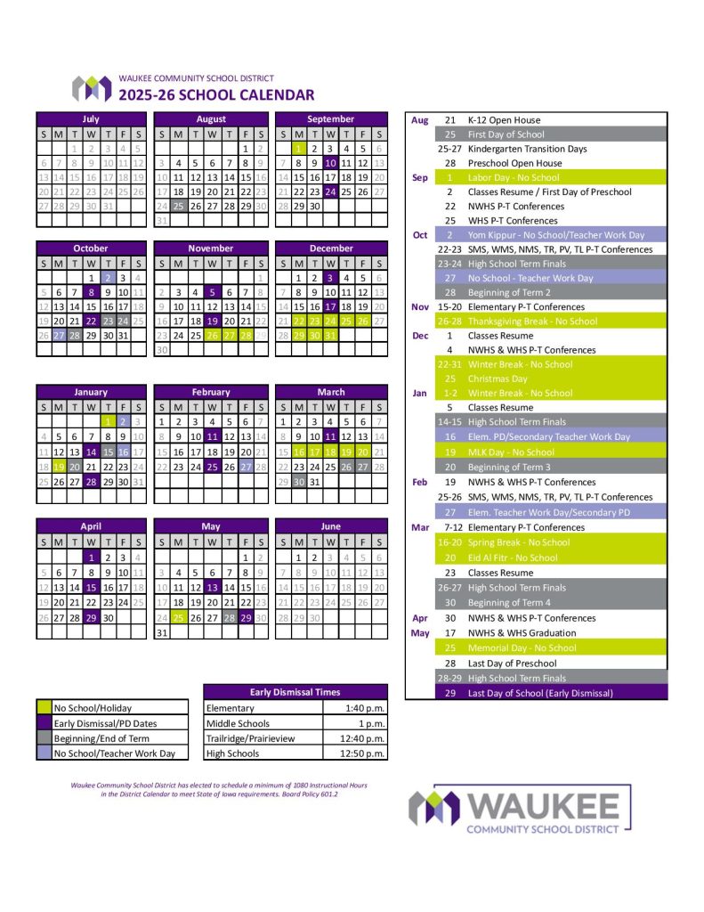 Waukee Community School District Calendar 2025-2026