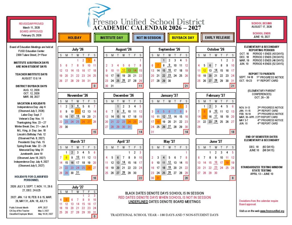 Fresno Unified School District Calendar 2026-2027