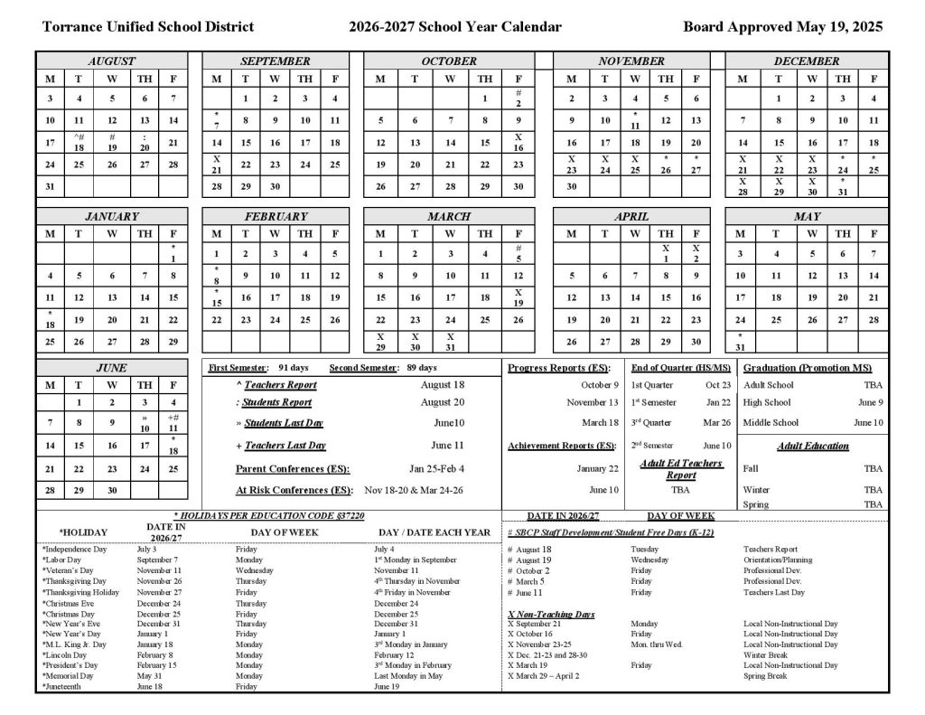 Torrance Unified School District Calendar 2026-2027