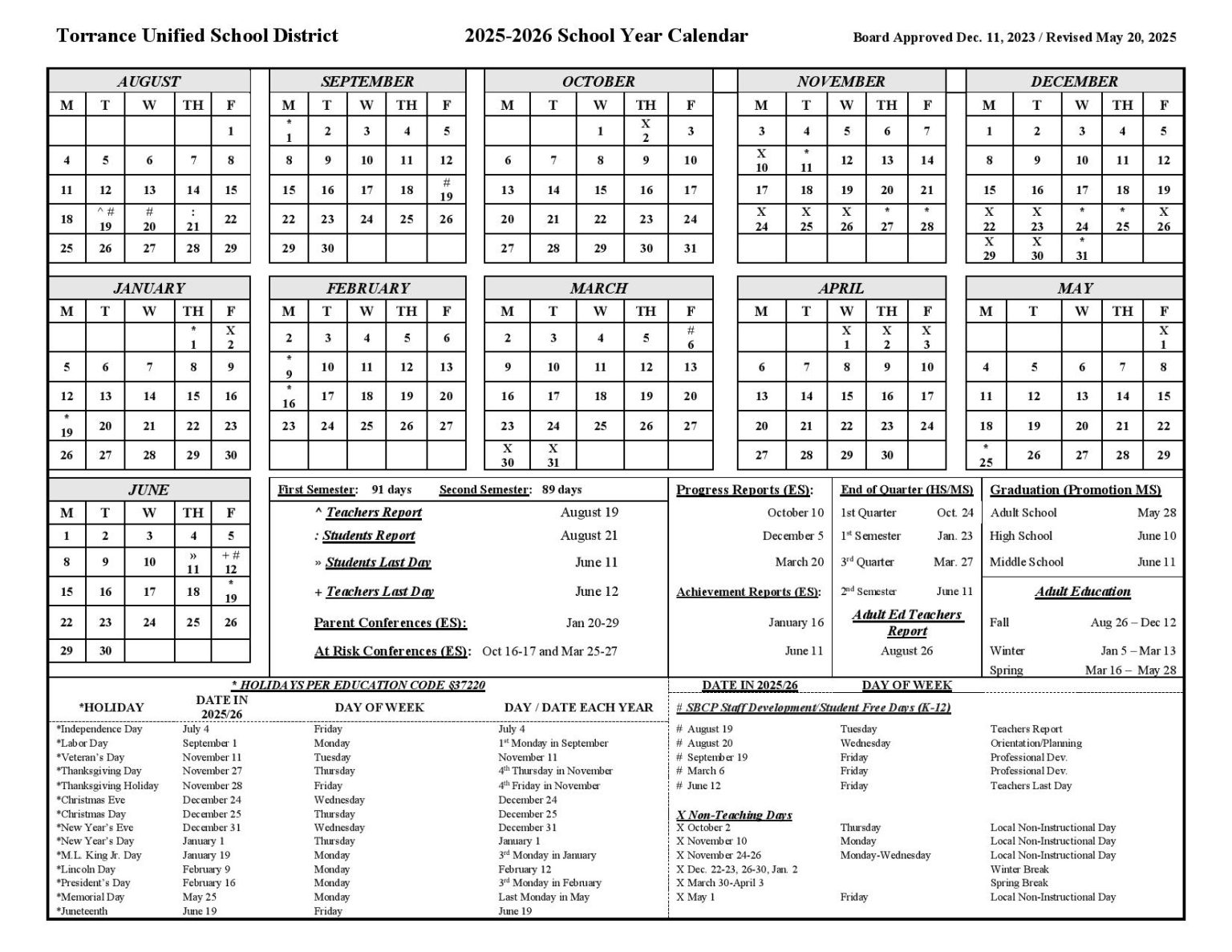 Torrance Unified School District Calendar 2025 2026