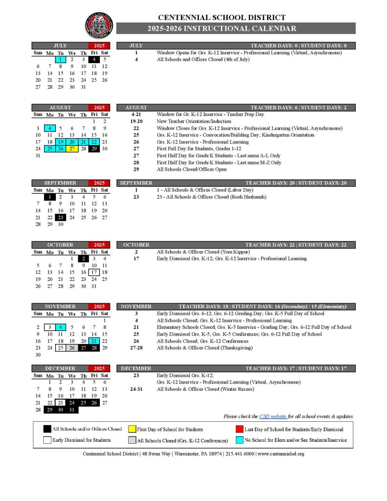 Centennial School District Calendar 2025