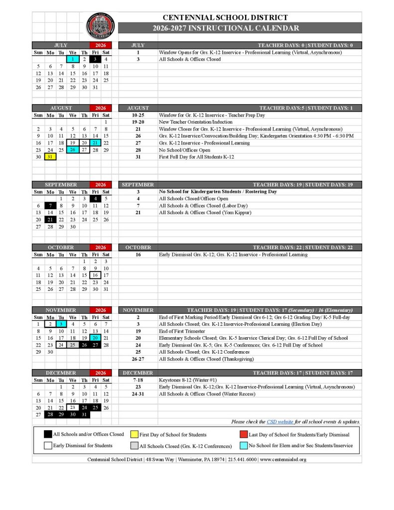 Centennial School District Calendar 2026-2027