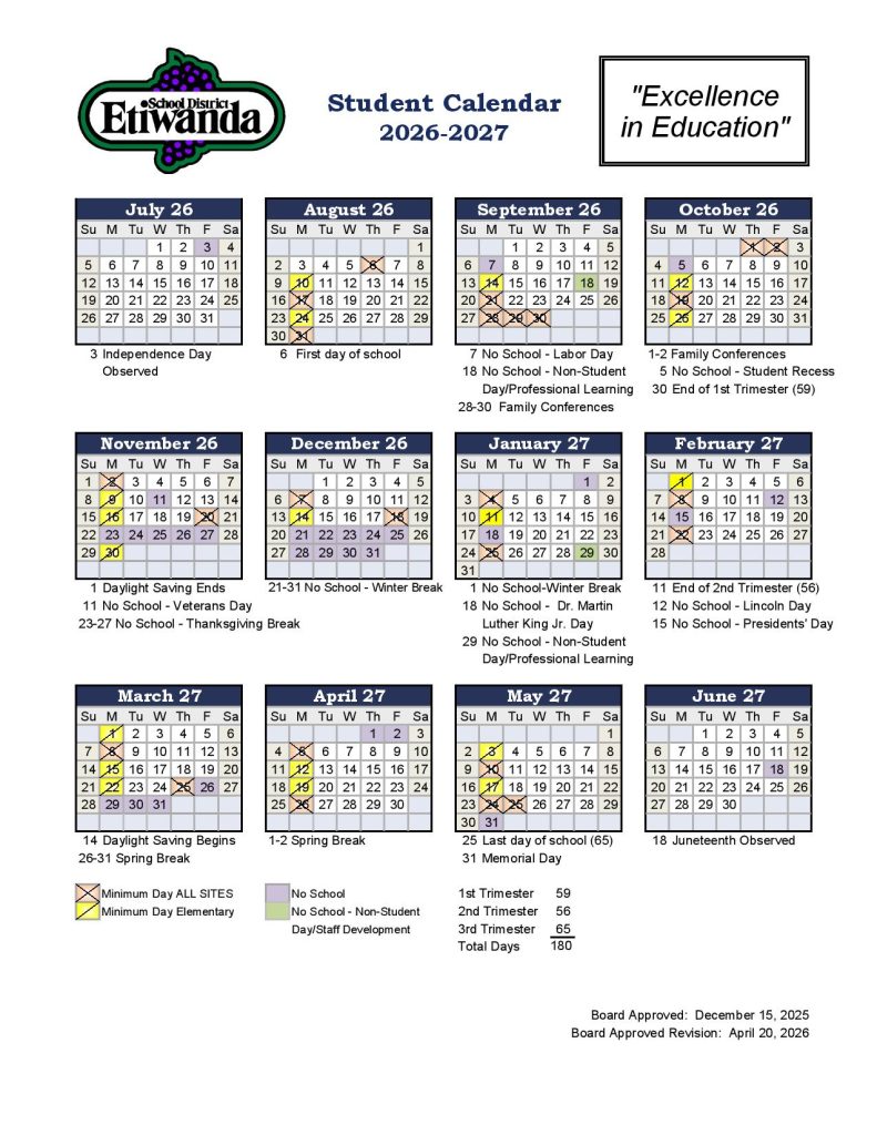 Etiwanda School District Calendar 2026-2027