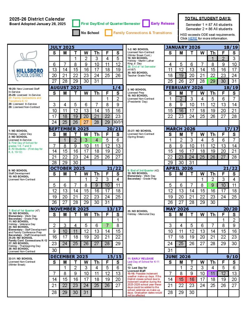 Hillsboro School District Calendar 2025