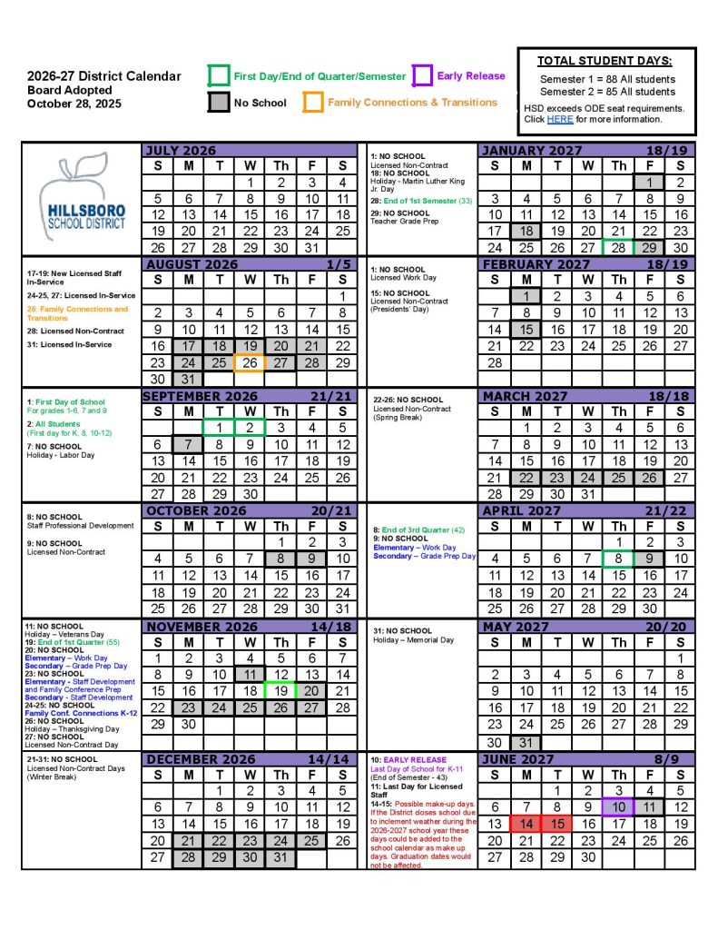 Hillsboro School District Calendar 2026-2027