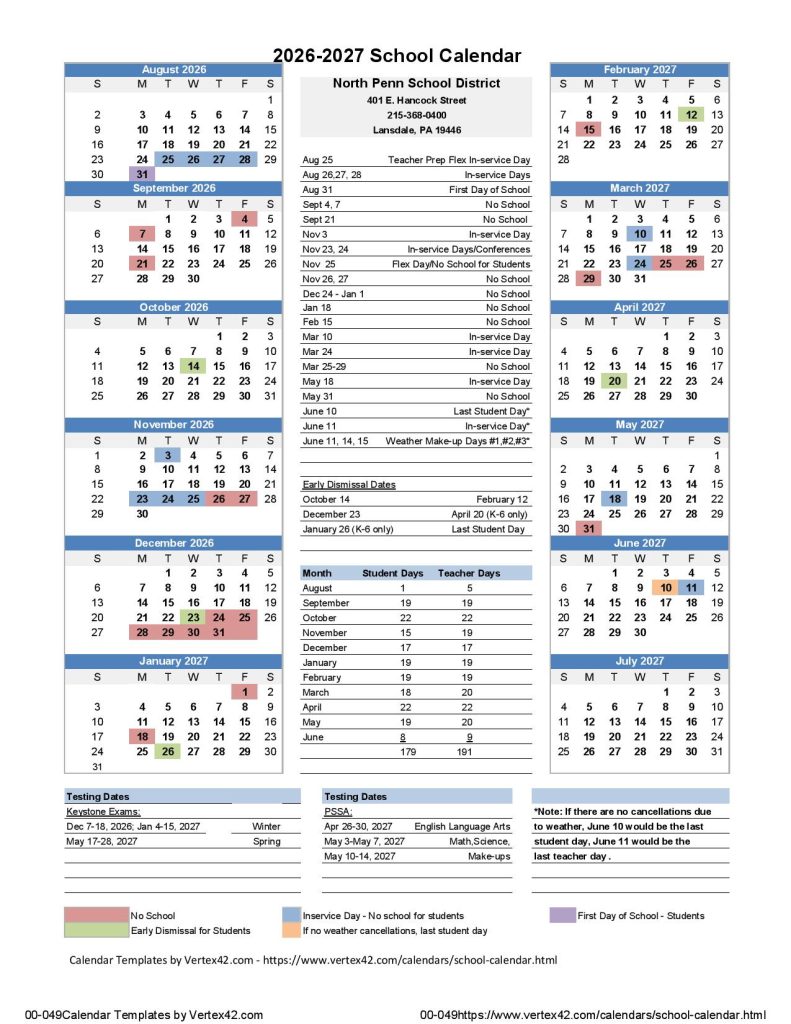 North Penn School District Calendar 2026-2027