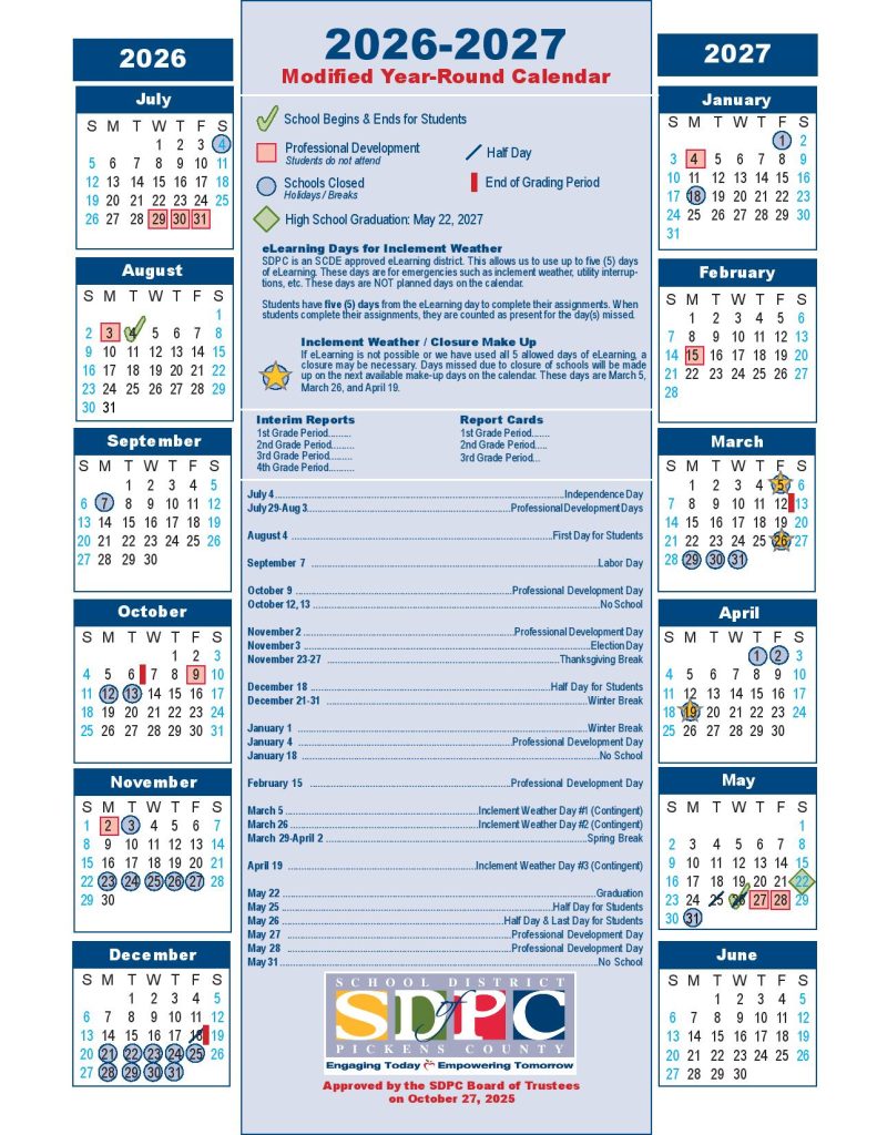 Pickens County School District Calendar 2026-2027