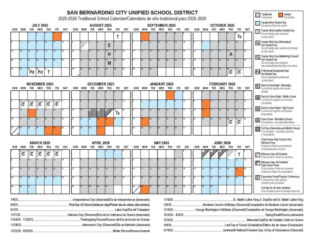 San Bernardino School District Calendar 2025