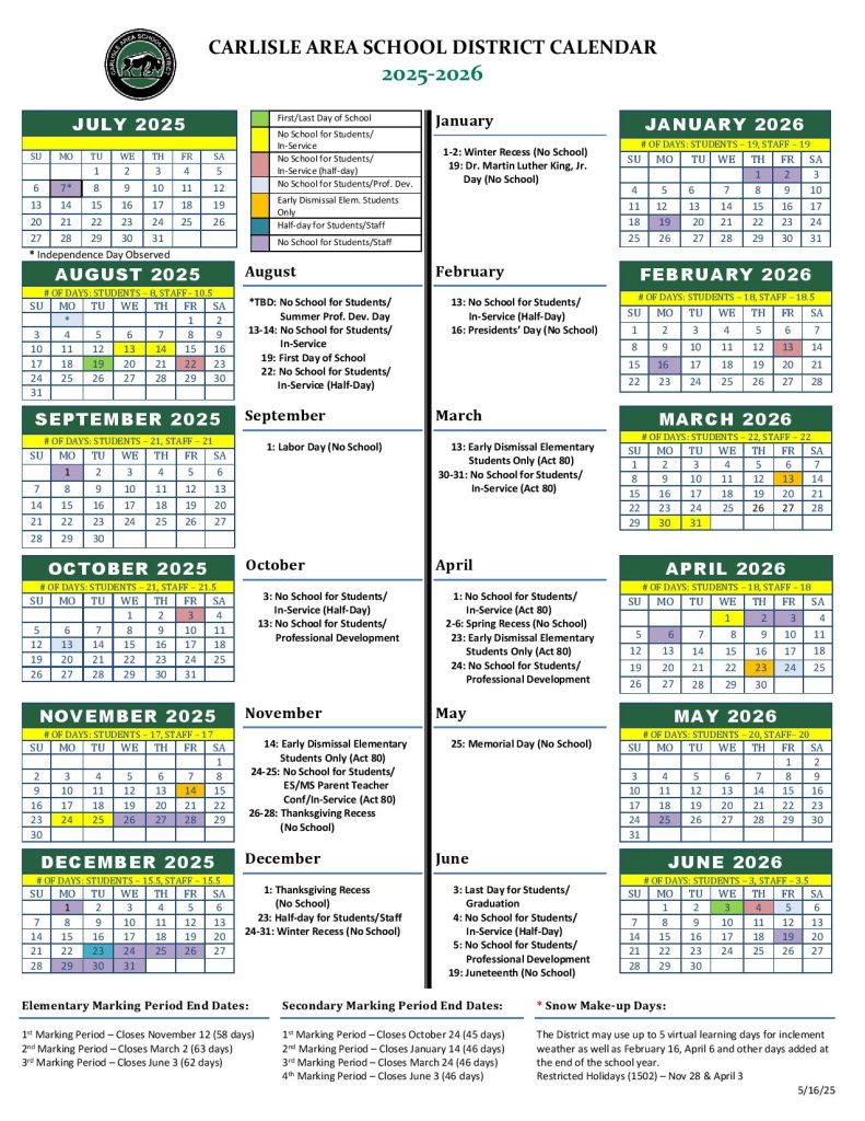 Carlisle School District Calendar 2025