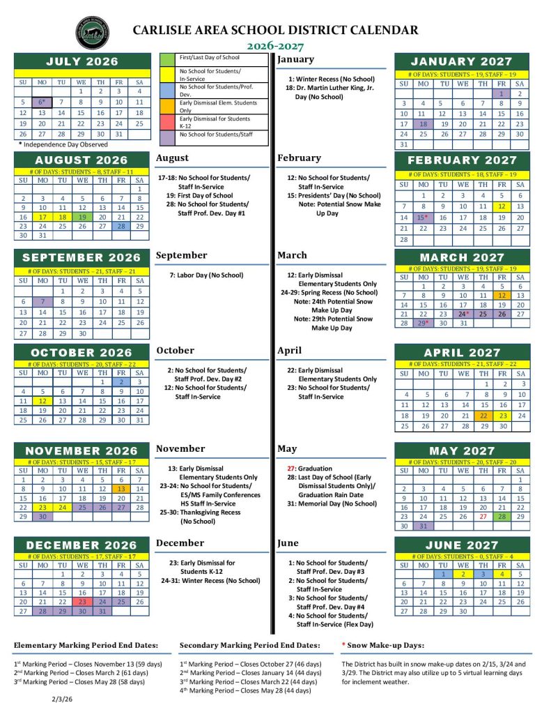 Carlisle School District Calendar 2026-2027