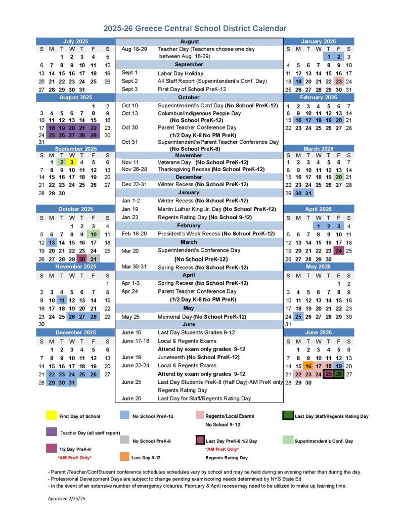 Greece Central School District Calendar 2025