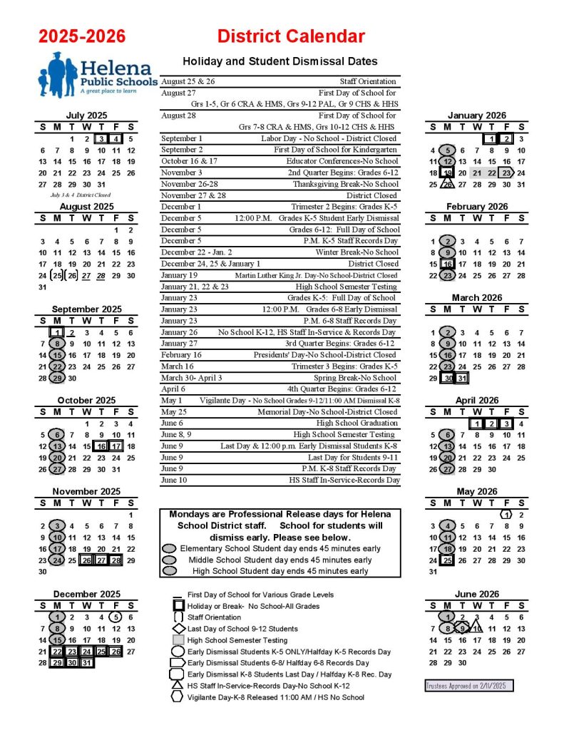 Helena School District Calendar 2025