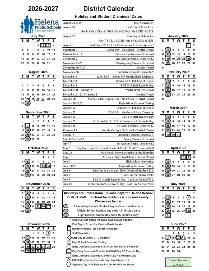 Helena School District Calendar 2026-2027
