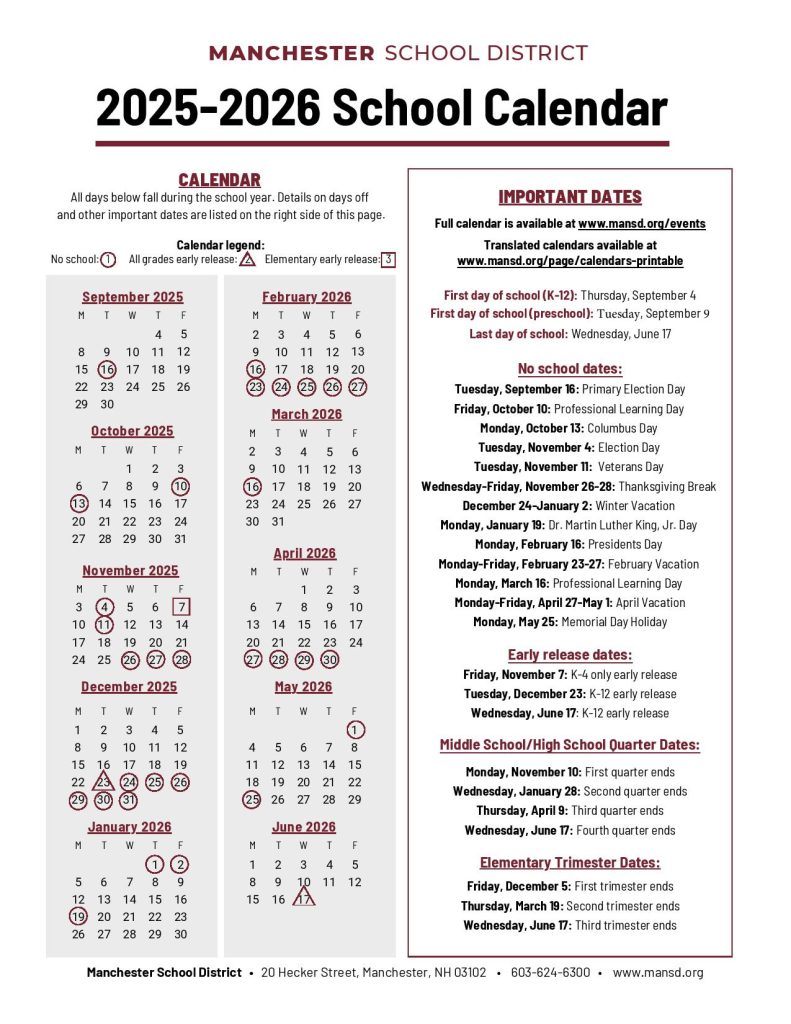 Manchester School District Calendar 2025