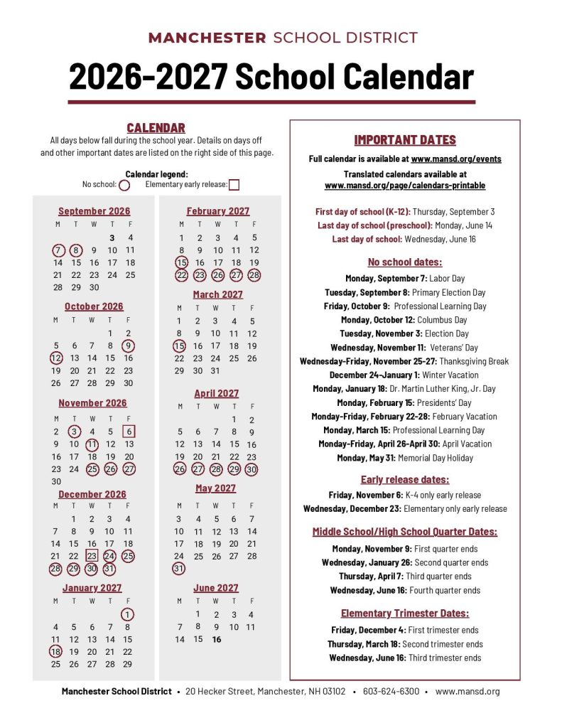 Manchester School District Calendar 2026-2027