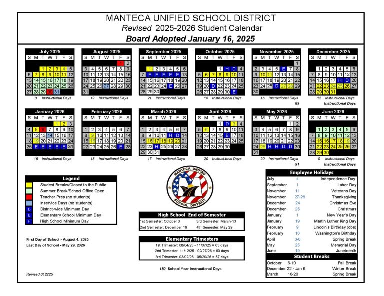 Manteca Unified School District Calendar 2025 2026