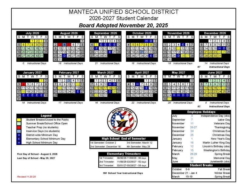 Manteca Unified School District Calendar 2026-2027