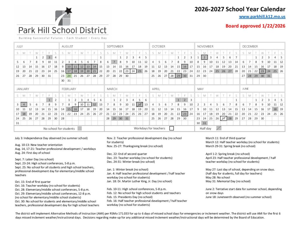 Park Hill School District Calendar 2026-2027